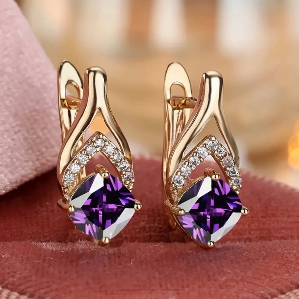 Elegant Gold & Purple Crystal Earrings. - Picture 3 of 5